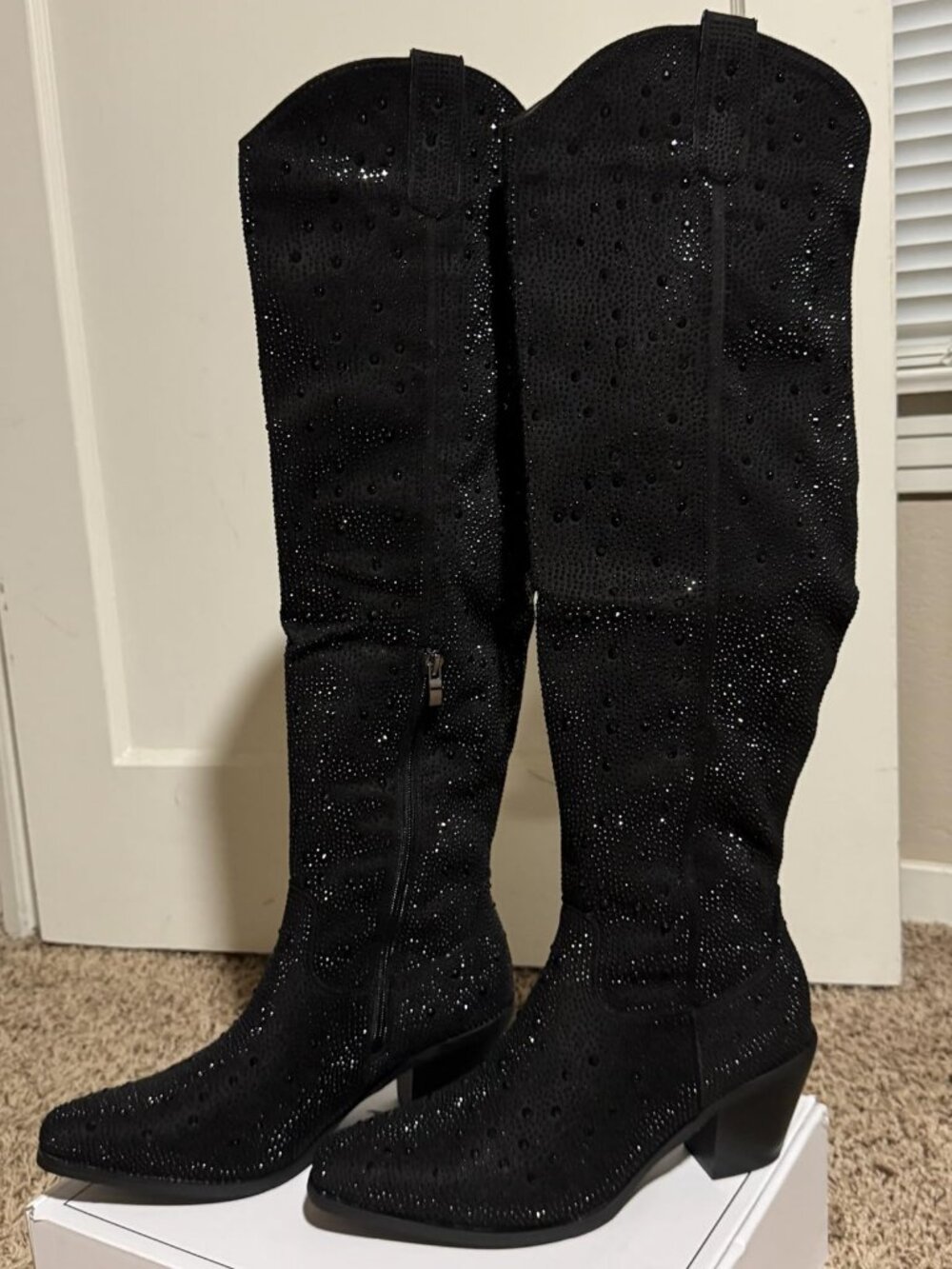 Women's Black Over Knee Pointed Toe Sparkly Chunky Heel Thigh High Boots